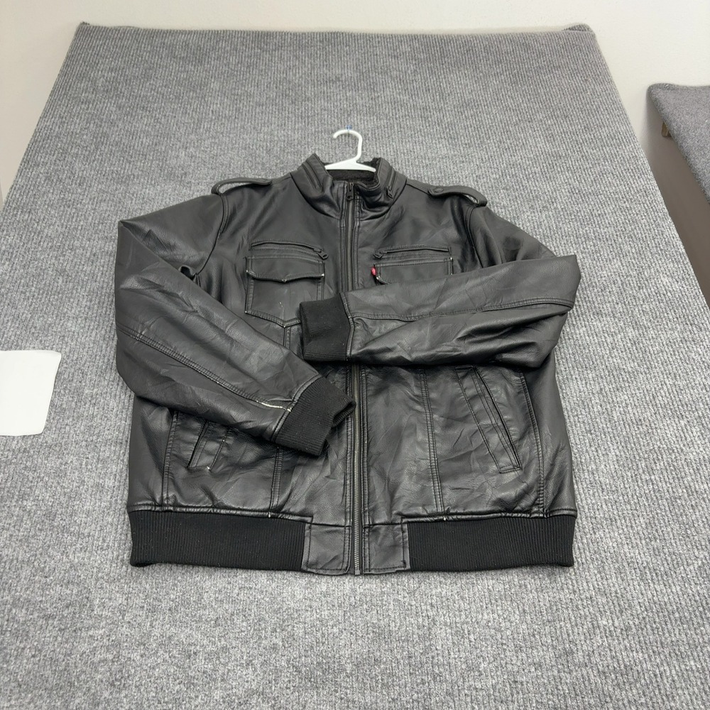 Levis Jacket Mens XL Black Faux Leather Sherpa Lined Bomber Moto Casual Style